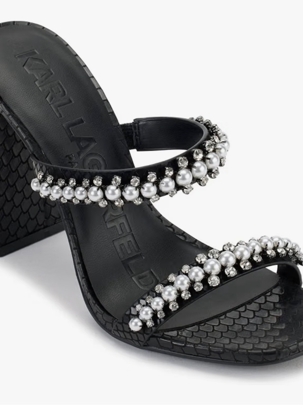 Karl Lagerfeld Rayan Black Pearl & Crystal Embellished Block Heel Sandal